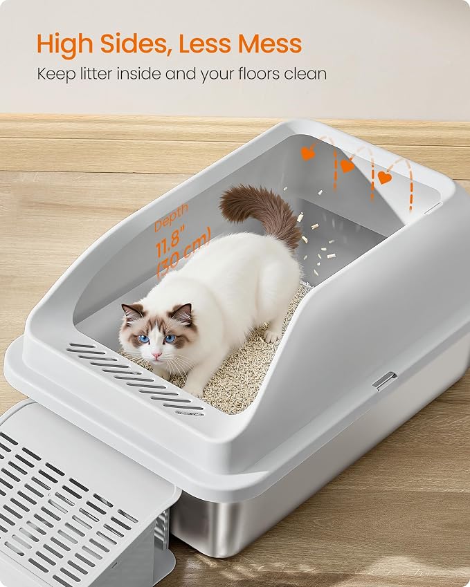Feandrea Stainless Steel Cat Litter Box with Open Top, High Sided Litter Tray with Step, Scoop, Brush, for Cats up to 33 lb, Light Gray UPPT008GD01