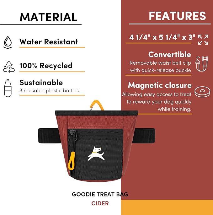 Goodie Treat Bag, Dog Treat Training Pouch | Magnetic Closure | 3 Ways to Wear | Hands-Free Waist Belt | Water-Resistant Recycled Vegan Fabric (Cider)