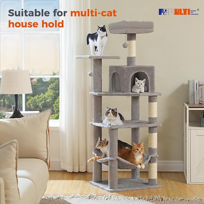 PEQULTI 56.3'' Cat Tree for Indoor Cats, Multi-Level Cat Tower with 2 Top Perch, Cat Condo, Hammock and Sisal-Covered Scratching Post
