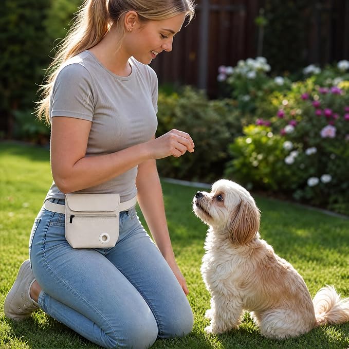 Dog Treat Pouch and Dog Training Clicker, Treat Bag with Poop Bag Dispenser, Powerful Magenetic Clasp, Metal Clip Waist Belt Fanny Pack for Pet Walk Dog Training (White)