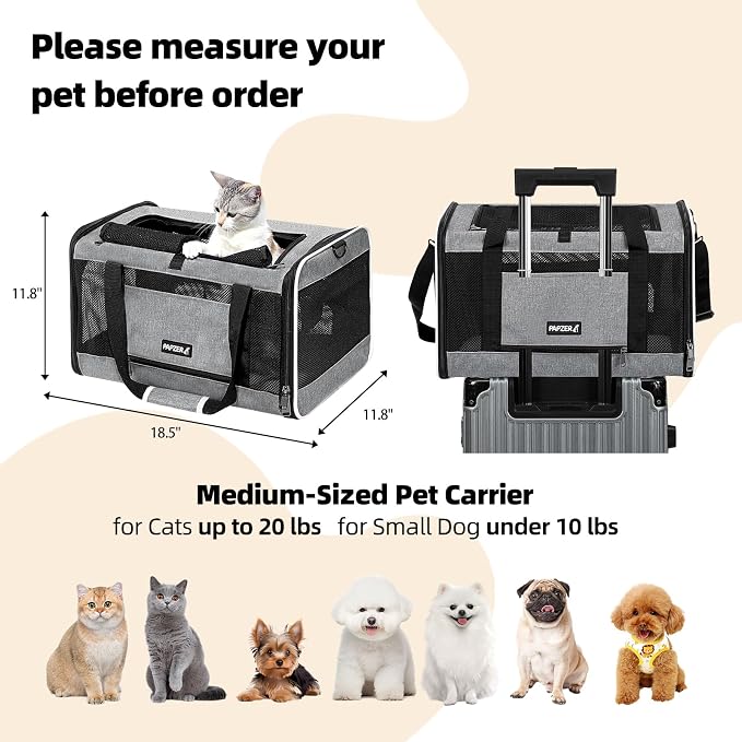 Cat Carrier Soft-Sided Travel Bag for Medium to Large Cats Over 15lbs, Small Dog Carrier Crate Top Entry Breathable Mesh Puppy 12 Pounds, Pet Rabbit Carrying Cage Kennel Collapsible Grey