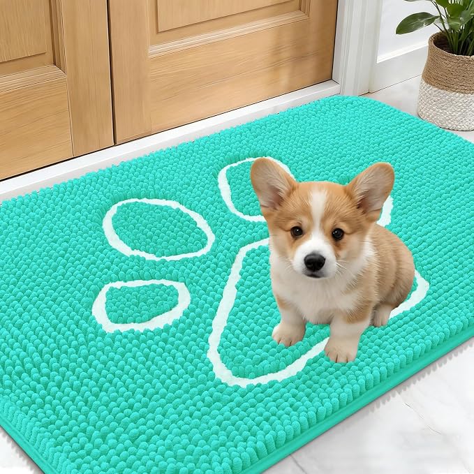 OLANLY Dog Door Mat for Muddy Paws 24x16, Paw Print Design Chenille Mud Mat | Teal, Super Absorbent, Traps Moisture and Dirt, Non-Slip Washable Doormat, Quick-Drying Indoor Entryway Floor Carpet for Dogs