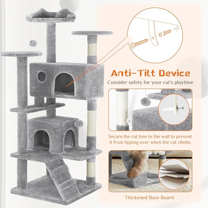 Sweetcrispy 54-inch Cat Tree Tower with Scratching Posts, Indoor Use | Multi-Level Indoor Cat Tree Condo with Climbing Ladder, Plush Toy, Play House for Kitten, Light Grey