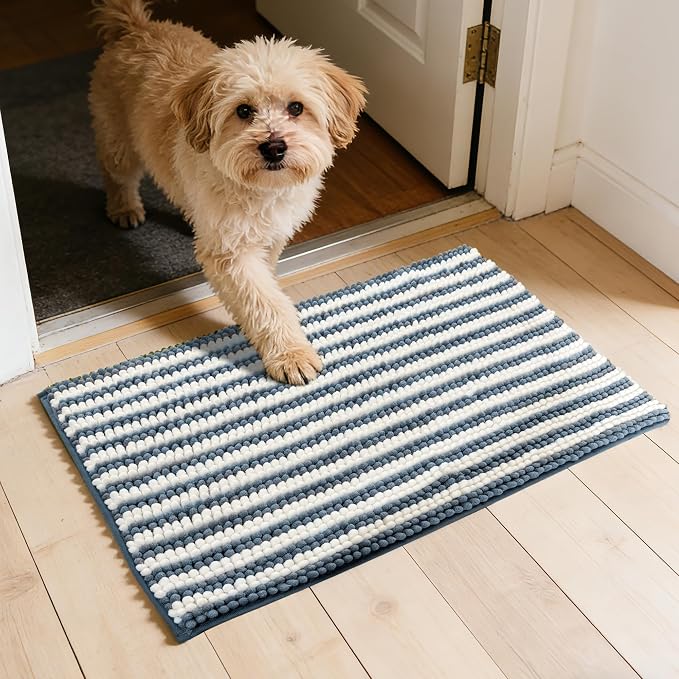 Dog Door Mat for Muddy Paws - Absorbent Quick-Dry Non-Slip Washable Chenille Pet Rug, Indoor Entryway Mat for Front Door & Crate (Blue, 30" L*18" W)