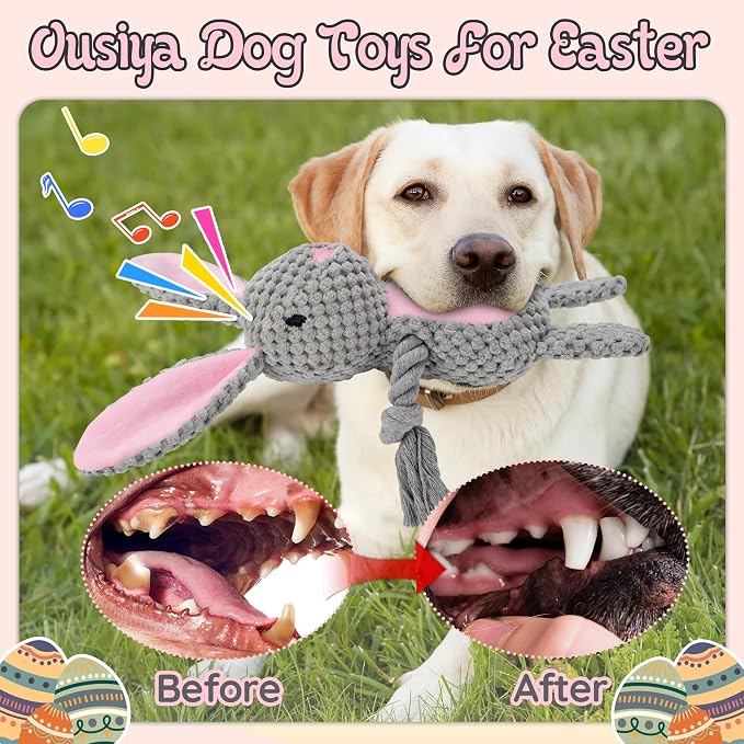 3 Pack Easter Bunny Dog Toys, Easter Squeaky Rabbit & Carrot Dog Gifts for Puppy, Small, Medium, Large Dogs