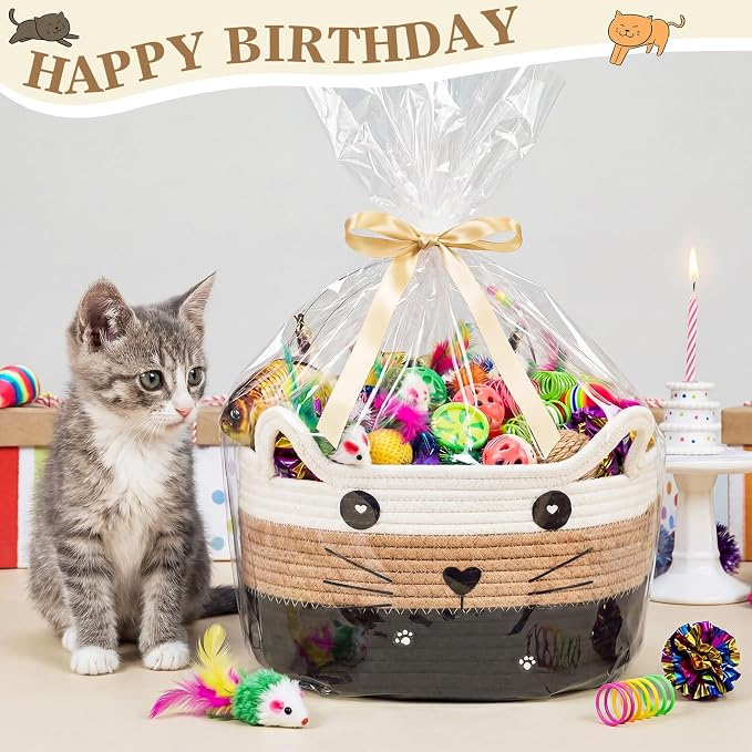 Zopeal 76 Pcs Cat Storage Basket Gift Toys Set Interactive Cat Toys Kitten Wand Colorful Flashing Balls Pet Crinkle Balls Attract Kitten to Swat, Hunt for Pet Indoor(White,Coffee,Black)
