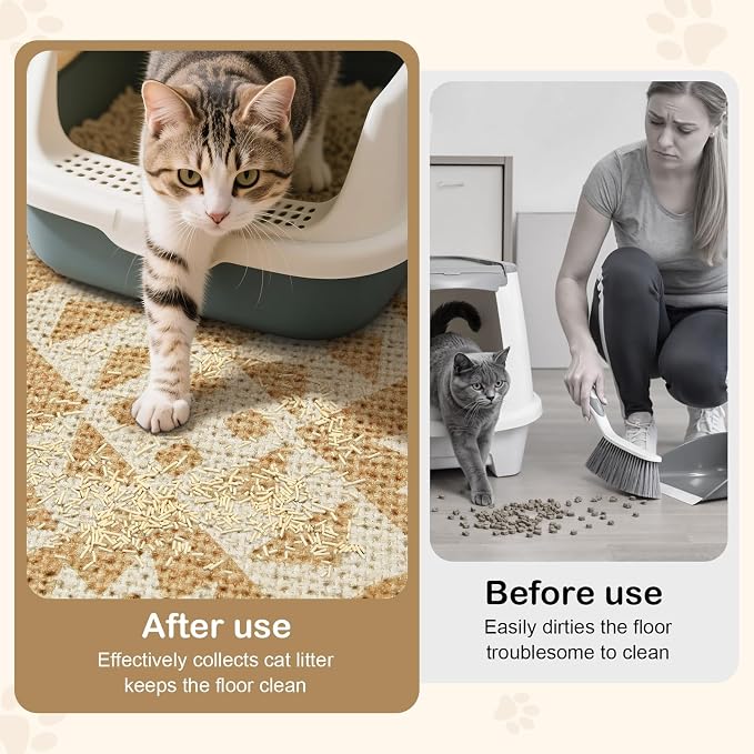 Bienbee Cat Litter Mat, 33" x 22" Litters Box Mat Machine Washable Less Waste Waterproof Litter Mats, Non-Slip Cat Litters Trapping Mats Easy to Clean Linen Geometric L