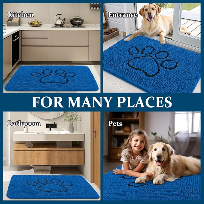OLANLY Dog Door Mat for Muddy Paws 30x20, Paw Print Design Chenille Mud Mat | Deep Navy Blue, Absorbent, Traps Moisture and Dirt, Non-Slip Washable Doormat, Quick-Dry Indoor Entryway Carpet for Dogs