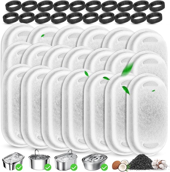 Cat Water Fountain Filters Replacement, 20 Pcs Pet Water Fountain Filter with 20 Pcs Foam Sponges for 67oz/2L & 108oz/3.2L Stainless Steel Pet Cat Water Fountain Dispenser Filters