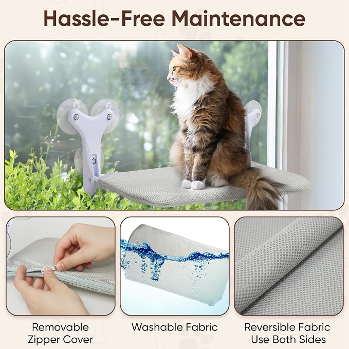 Cat Window Perch, Foldable Hammock Bed with 6 Strong Suction Cups, Cordless Indoor Pet Seat, Washable Fabric, Gray
