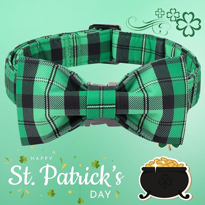 DOGWONG St. Patrick's Day Dog Collar with Bowtie, Green Plaid Bowtie Dog Collar for Small Medium Large Dogs,S