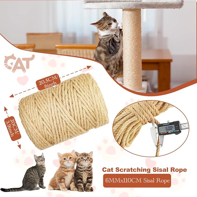 360FT/110M Natural Sisal Rope for Cat Scratching Posts, 6mm Thick Jute Hemp Cat Rope for Cat Tree Replacement, Cat Scratch Post Repair, DIY Projects, and Furniture Wrapping