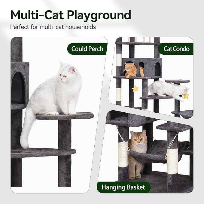 Meecal Cat Tree, 79in Giant Tower for Indoor Cats Large Adult, Smoky Gray | Heavy Duty Cat Trees with Scratching Post, 2 Cat Condos, Hammocks, Perches, Hanging Toys for Multiple Maine Coon, Big Cats