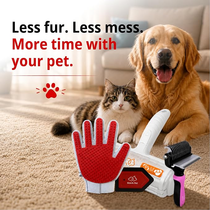 4-in-1 Pet Care & Pet Hair Control System for Dogs & Cats – Deshedding Tool, Pet Hair Remover, Grooming Glove & Detail Cleaner for Furniture Couch Carpet Home & Car
