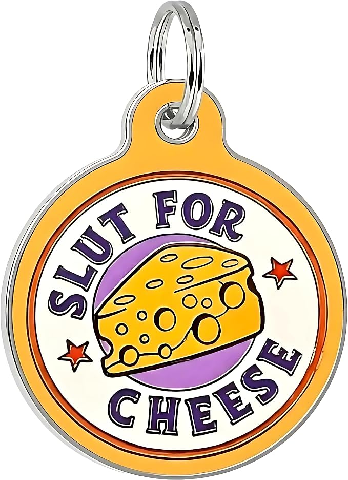 Bad Tags Personalized Dog and Cat ID Tags in 25+ Designs and 2 Sizes - 5 Lines of Custom Engraved Text - Funny Cute Personalized Pet Tags (Sl*t for Cheese, Large (1.25 inch))