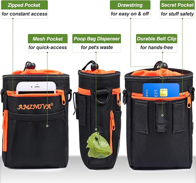 AMZNOVA Dog Treat Pouch Treatnow Dog Treat Bag, 6 Cups, Black | Training Pouch with Waist Belt & Clicker for Training & Walking, Waist Clip On Snack Fanny Pack for Pet