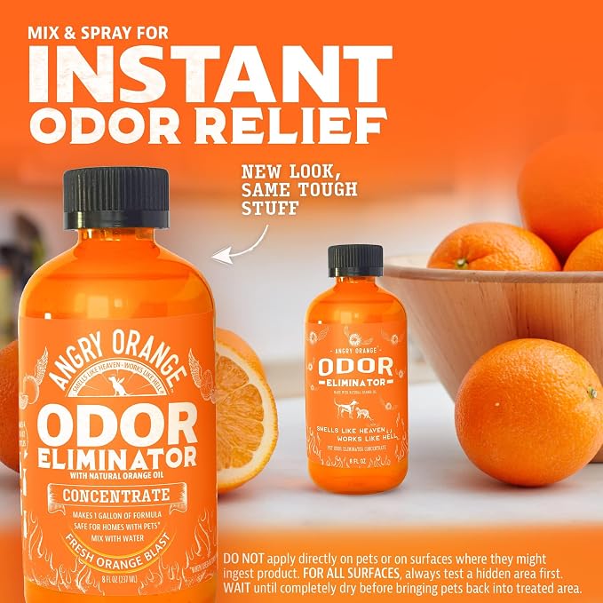Angry Orange Pet Odor Eliminator 8 oz. bottle- Industrial Strength Pet Odor Remover - Makes (4) 32oz. Bottles - 1 Gallon - Neutralizes and Sanitizes Tough Pet Odors Fast