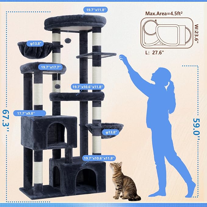 Hey-brother Cat Tree Tower with Tiered Padded Platforms, Condos, MPJ084G | 67.3 Inches Multi-Level Cat House with 9 Sisal Scratching Posts, 2 Plush Hammocks, Toy Ball for Indoor Multi-Cats, Smoky Gray