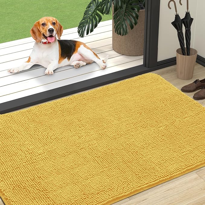 OLANLY Dog Door Mat for Muddy Paws 47x32, Super Absorbent Chenille Mud Mat | Yellow, Absorbs Moisture and Dirt, Non-Slip Machine Washable Doormat, Quick-Drying Indoor Entryway Floor Carpet for Dogs
