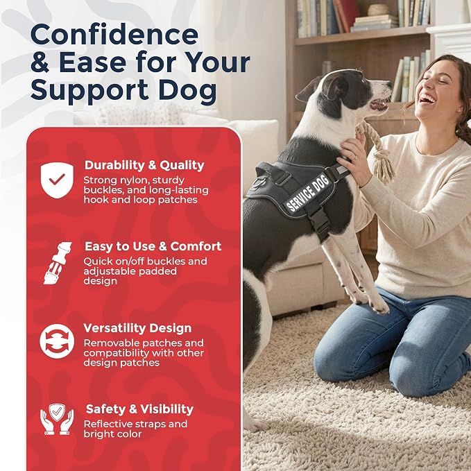 Industrial Puppy Service Dog Vest Harness - Durable & Adjustable Vest for Dog with Reflective Straps, Removable Patches, 50 ADA Cards, Handle & D-Ring, Travel and Daily Use, (Black, Medium 25"-32")