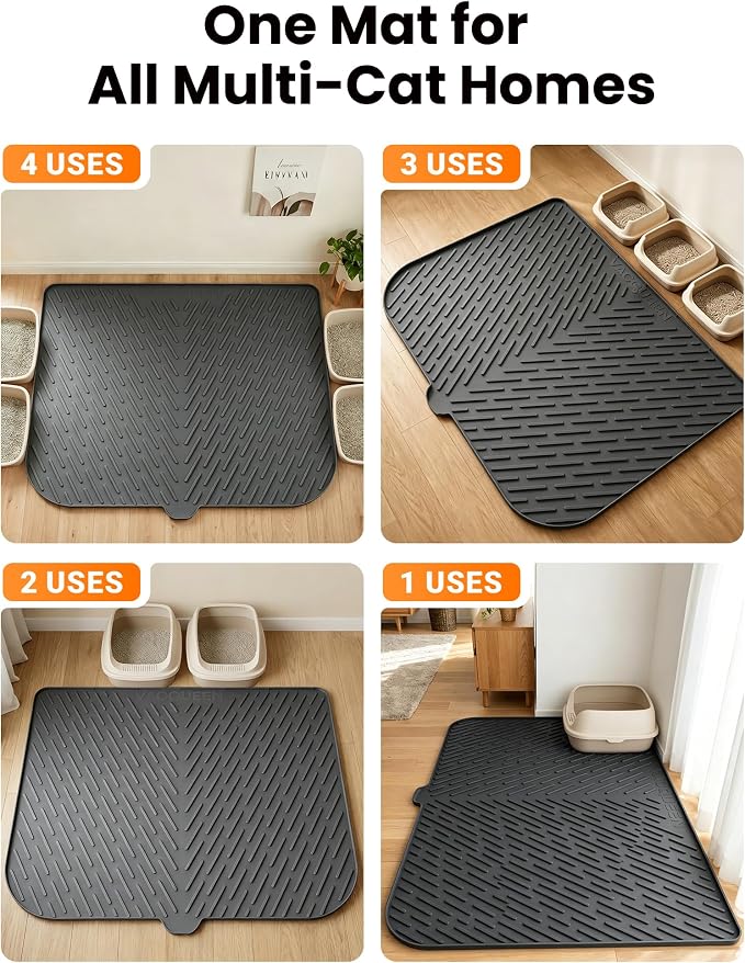 Cat Litter Mat, 47" x 37" Extra Large Cat Litter Box Mat, Silicone Waterproof Litter Trapping Mat for Scatter Control Soft on Kitty Paws Non-Slip Easy to Clean (Dark Grey) | Waterproof Litter Trapping Mat for Scatter Control, Soft on Cat Paws Non-Slip ...