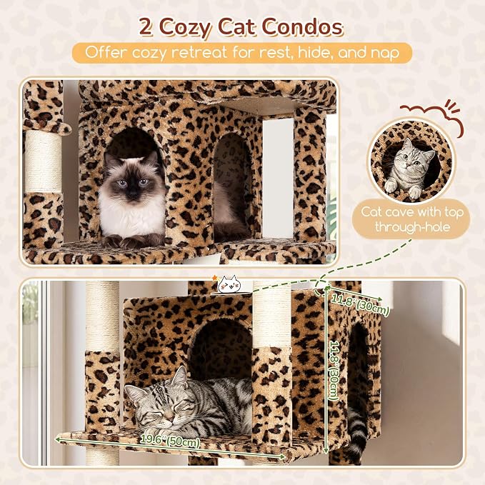 Globlazer 80in Extra Large Leopard Cat Tree Tower, S80G, Leopard Print | Multi-Level Cat Condo For Multiple Indoor Cats Large Adult Kittens, Scratching Posts, Widened Perches, Adjustable Baskets
