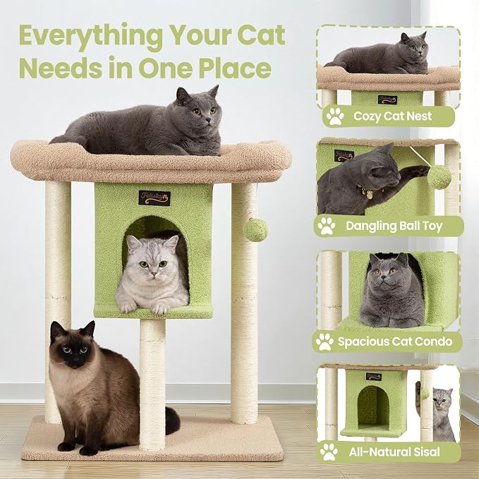 Cat Tree Tower Scratching Post for Indoor Large Adult Cats with Perch Bed | 28in Tall Small Cat Trees House with Big Perch, Condo, Toy Balls, Modern Kitten Climbing Furniture Platform, Green