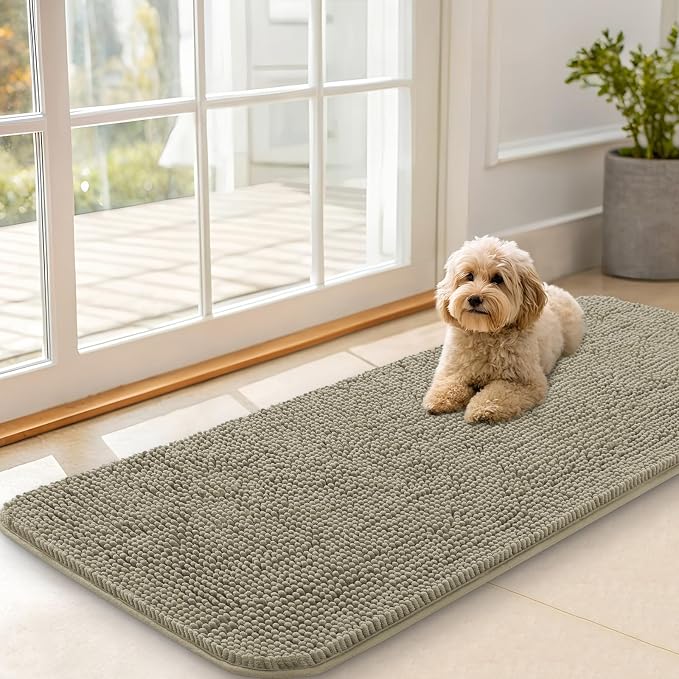 OLANLY Dog Door Mat for Muddy Paws 47x20, Super Absorbent Chenille Mud Mat | Warm Taupe, Absorbs Moisture and Dirt, Non-Slip Machine Washable Doormat, Quick-Drying Indoor Entryway Floor Carpet for Dogs
