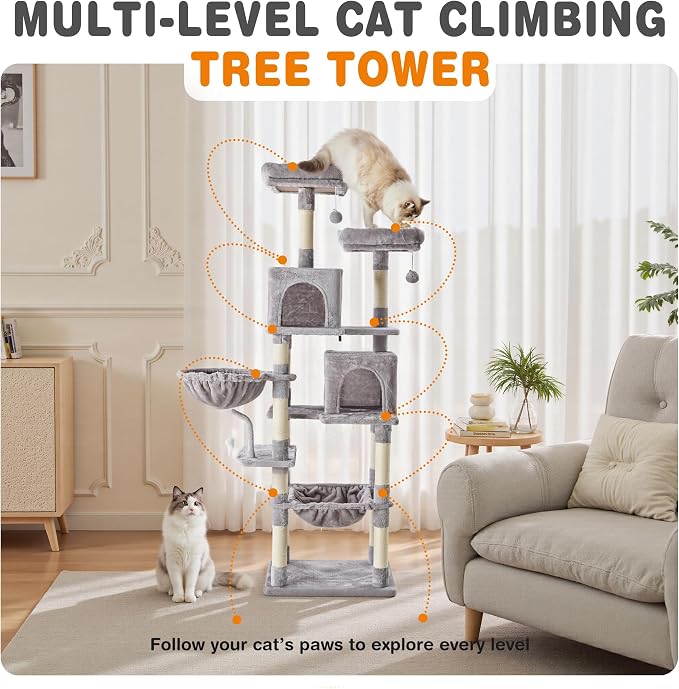 71 Inch Large Cat Tree Tower with Sisal Scratching Post | Multi-Level Cat Climbing Tower with Hammock, Pet Condo for Indoor Cats and Kittens, Light Grey