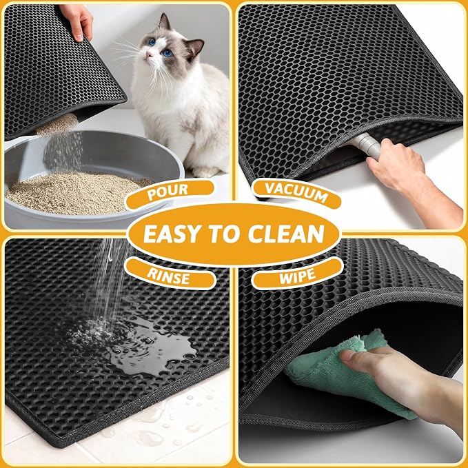 Pieviev Litter Mat, Double-Layer Waterproof Trapping Mat, 24" x 15" Black | Honeycomb Design Catches Scattered Particles to Stop Tracking, Urineproof Base Protects Floors, Easy to Clean