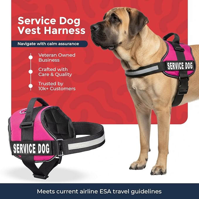 Industrial Puppy Service Dog Vest Harness - Durable & Adjustable Vest for Dog with Reflective Straps, Removable Patches, 50 ADA Cards, Handle & D-Ring, Travel and Daily Use, (Hot Pink, XL 30"-39")