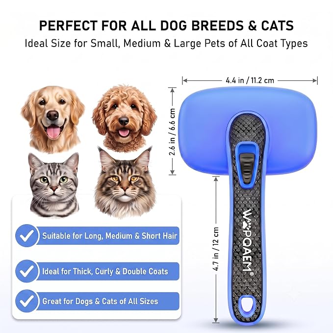 Self Cleaning Slicker Brush for Dog and Cat Shedding, Blue | Skin Friendly Deshedding Brush for Short or Long Haired Dogs & Cats, One-Click Retractable for Easy Cleaning Flying Hair