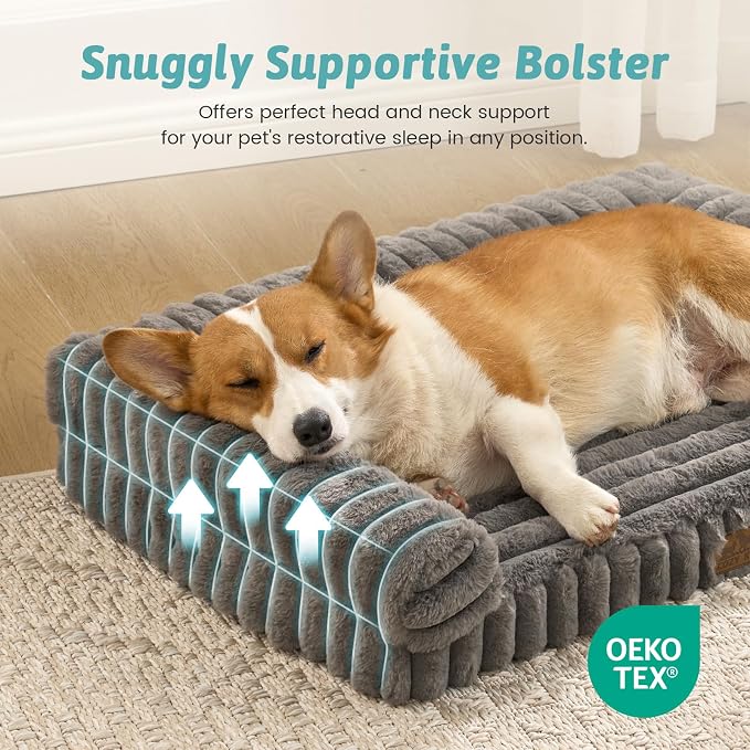 COZY KISS Ultra Soft Faux Rabbit Fur Dog Bed for Small Dogs – 30"x20" Orthopedic Foam Couch, Removable Washable Cover & Waterproof Lining, Grey