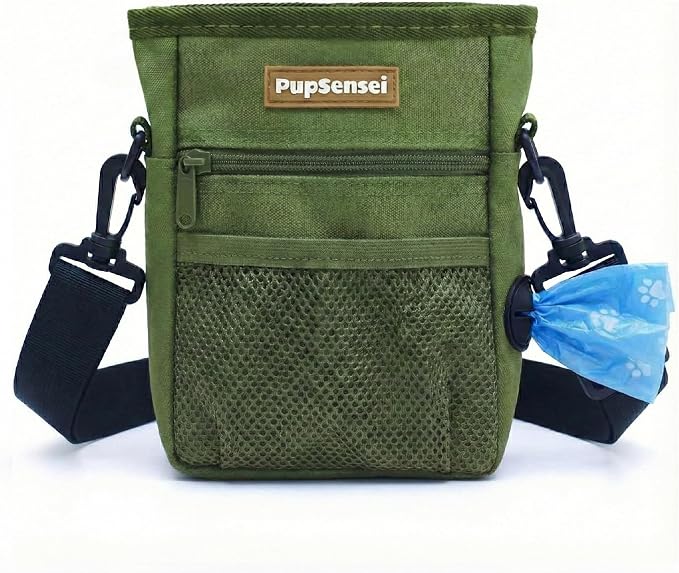 Dog Treat Pouch for Training – Magnetic Dog Treat Bag with Belt Clip & Poop Bag Dispenser – Hands Free Carry Pouch with Auto-Close Access & Shoulder Strap – Durable Pet Gear – Army Green