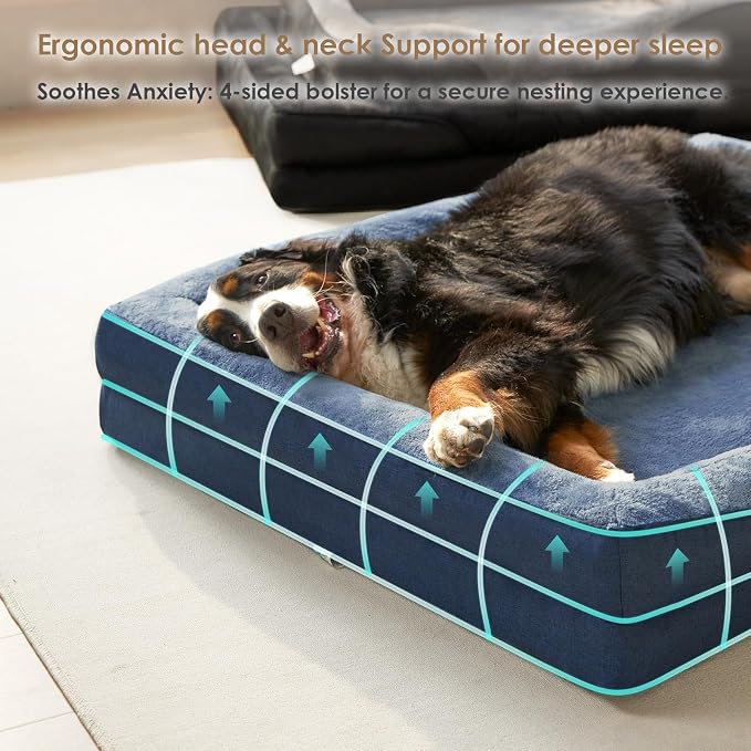 EHEYCIGA Orthopedic Dog Bed for Large Sized Dog, 41x27 Inch Large Memory Foam Dog Couch Bed with Sides, Waterproof Liner & Washable Removable Cover, Bolster Pet Sofa, Navy