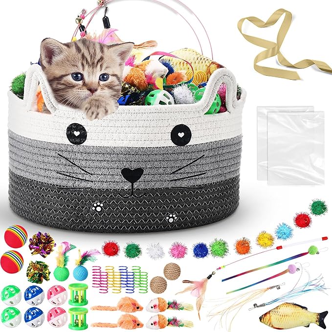 Zopeal 76 Pcs Cat Storage Basket Gift Toys Set Interactive Cat Toys Kitten Wand Colorful Flashing Balls Pet Crinkle Balls Attract Kitten to Swat, Hunt for Pet Indoor(Grey)