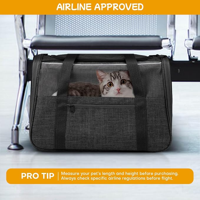 Cat Carrier Soft-Sided for Big Medium Cats, Dog Carriers for Small Dogs, Airline Approved Pet Travel Carrier for Cats Puppies up to 15Lbs with Safety Zippers Foldable Bowl, 17.5x12.4x13.5, Black