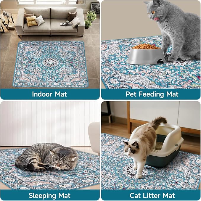 Cat Litter Mat, Reusable Kitty Litter Trapping Mat 2 PCs, 36"x36" Washable Litter Mats for Cats, Waterproof & Non-Slip Compatible with Cat Box (Lake Blue Medallion, 36"x36"(2 PCS))