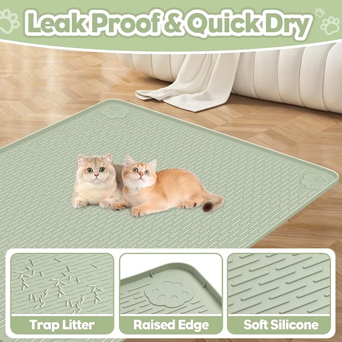 Silicone Cat Litter Mat for Litter Box 34”x22” Large Cat Mat, Green | Waterproof, Non-Slip, Leak-Proof Rug Mat with Lip, Easy to Clean, Extra Large Litter Catcher Mat for Floor