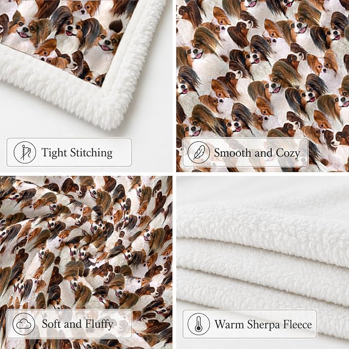 BlessLiving Papillon Brown Throw Blanket with Dense Dog Patterns Sherpa Fleece Blanket Couch Bed, Soft Cozy Warm Pet Blankets for Puppy Lovers Cute Animal Print Gift 50x60 Inches