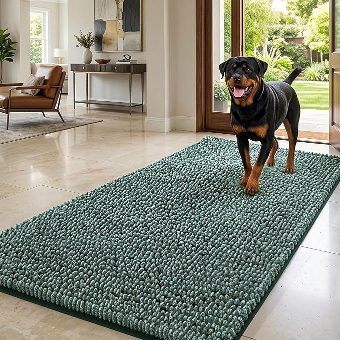 EHEYCIGA Super Absorbent Dog Door Mat for Muddy Paws 60x24 Inch Indoor, Front Doormat Outside Entrance, Quick Dry Chenille Washable Dog Crate Bed, Non-Slip Pet Rug Mud Mat Outdoor Entryway, Green