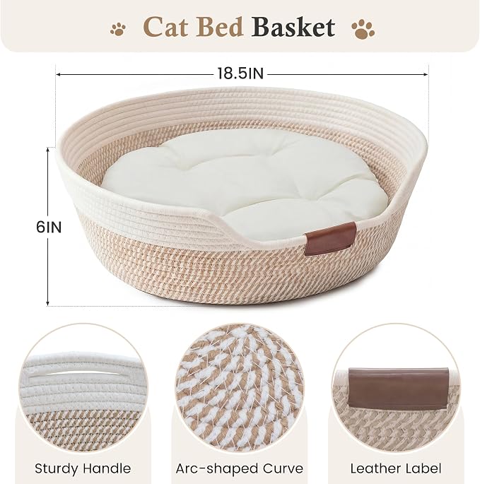 YOUDENOVA Cat Bed Basket with Removable Cushion,Stimulicat Handwoven Cat&Dog Basket,Cat Beds for Indoor Cats Couch, Kitten Bed for Medium and Large Cat, All Season Universal