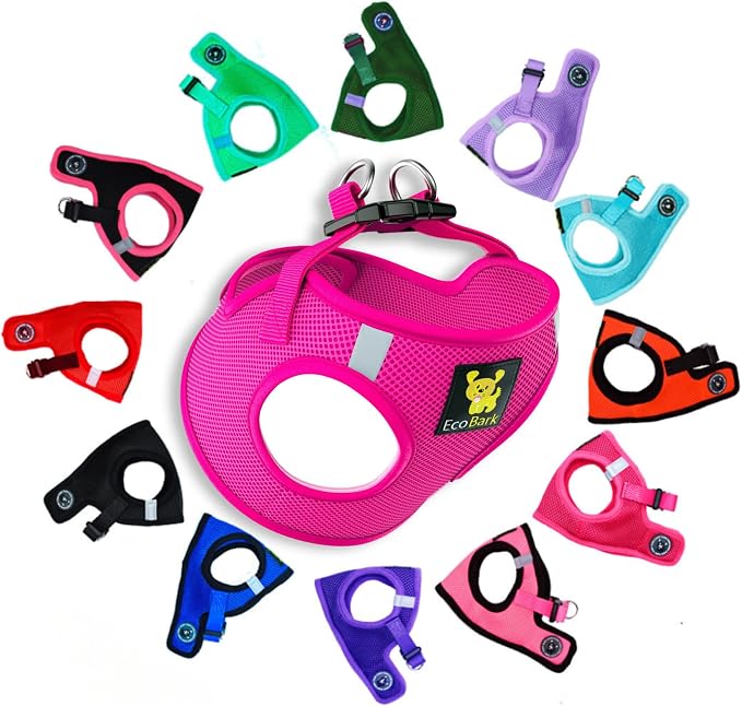 EcoBark Step in Dog Harness - Eco-Friendly Teacup Dog Harnesses for XXS, XS, and Small Dogs - Reflective and Adjustable Mini Body Halter Vest -Tiny Soft Mesh Toy Breed Harness Under 5 lbs (Pink, XXS)