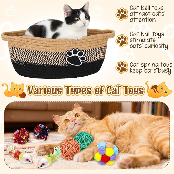 Sosation 70 Pcs Cat Easter Storage Basket Gift Toys Set Colorful Indoor Kitten Toy Assortment Including Mice, Rainbow Balls, Crinkle Balls, Springs Instinct Basket for Cats Interactive Play(Simple)