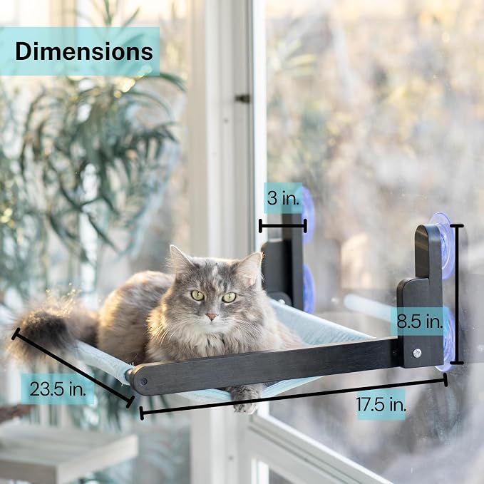 Luli & Cat Cat Window Perch: Cordless, Foldable Wooden Cat Window Hammock with Black Wood and Blue Fabric Seat