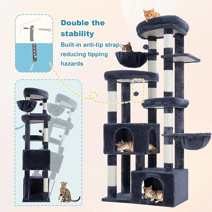 Hey-brother Cat Tree Tower with Tiered Padded Platforms, Condos, MPJ084G | 67.3 Inches Multi-Level Cat House with 9 Sisal Scratching Posts, 2 Plush Hammocks, Toy Ball for Indoor Multi-Cats, Smoky Gray