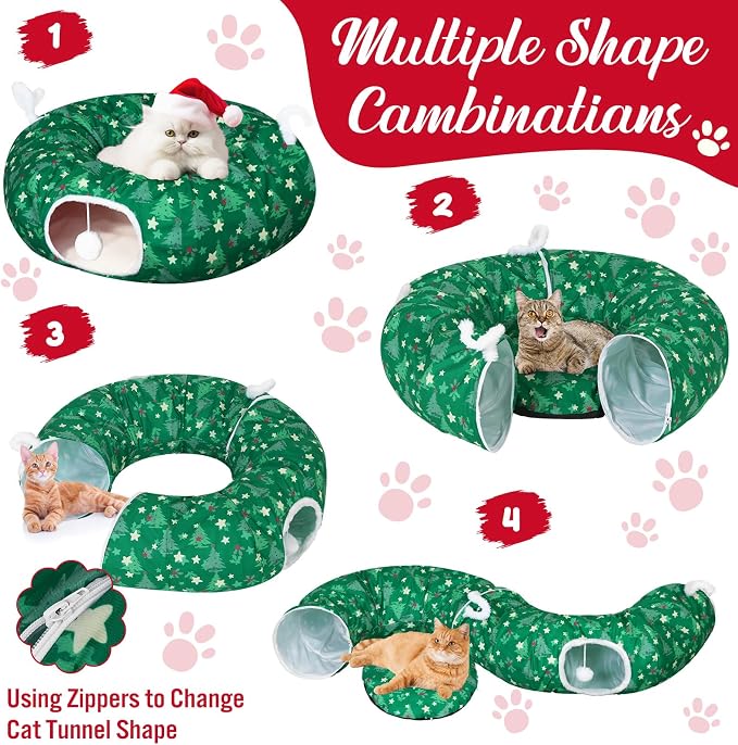 Dansydaisy Cat Tunnel Christmas Tree Skirt, Green Christmas Tree Cat Tunnel Bed with Star and Toys, Hanging Pom Ball Plush Washable Cushion Peekaboo Playground for Small Medium Rabbit Xmas Decor