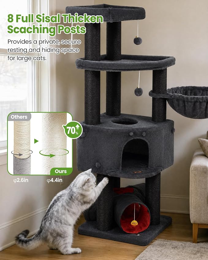 Cat Tree Tower for Large Cats Adult - 60 Inch XXL Sturdy Heavy Duty Extra Wide Scratching Posts (φ4.4in) Condo - Indoor Big Cat House Hammock Perch - XL Wood Multi Level Feline Pet Bed Trees Houses