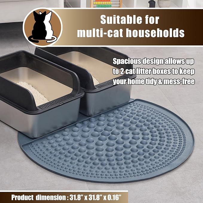 PetPals Silicone Cat Litter Trapping Mat, 32" Round Air-Bubble Litter mat | Waterproof & Non-Slip Litter Catcher, Self-Cleaning Litter Box Mat, Large Litter mat for Automatic Litter Box, Grey