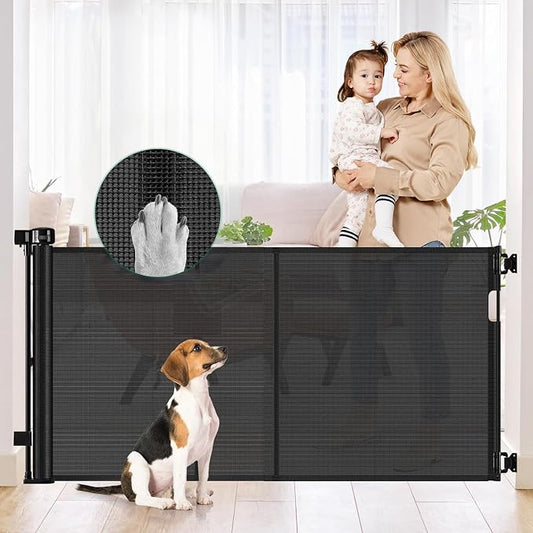 Reinforced 50" Wide Retractable Baby Gate Retractable Dog Gate with Support Rods - Anti-Bottom Crawl, Mesh Gate Retractable Gate Outdoor Retractable Pet Gate Indoor Doorway/Hallway/Stair Gate, Black